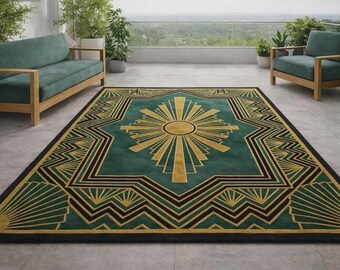 Green Gold Art Deco Rug, Geometric Gatsby Area Rug, Luxury Sunburst Living Room Carpet