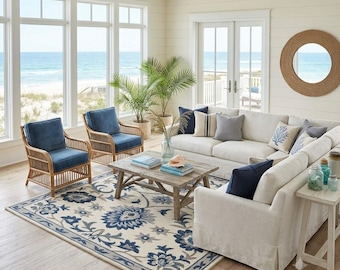 Navy Blue Floral Area Rug,8x10 Traditional Persian Style Rug, Botanical Coastal Living Room Carpet, Hand Tufted