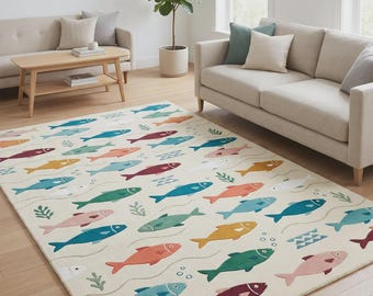 Hand Tufted Fish Rug, Ocean Kids Rug, Sea Animal Nursery Carpet, Under The Sea Playroom Area Rug