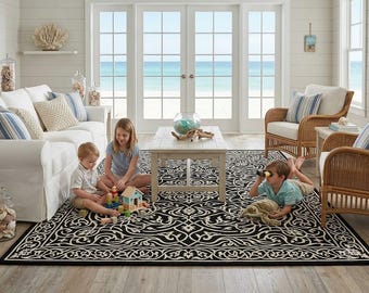 Black Cream Traditional Rug,8x10 Oriental Floral Area Rug, Elegant Living Room Carpet