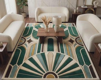 Emerald Green Art Deco Rug, 8x10 Geometric Area Rug, Gatsby Style Living Room Carpet