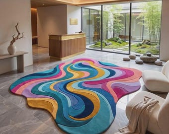 Hand Tufted 8x10 Wavy Rug, Teal Blue Rainbow Abstract Area Rug, Modern Organic Shape Wool Rug, Colorful Living Room