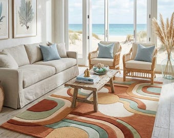 Terracotta Sage Green Rug, 8x10 Abstract Organic Area Rug, Modern Earth Tone Living Room Carpet