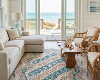 Hand Tufted Coastal Abstract Rug, Wavy Blue Green Area Rug, Organic Shape Living Room Carpet