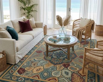 Hand Tufted Teal Floral Medallion Rug, 8x10 Persian Style Vintage Area Rug, Botanical Living Room Carpet
