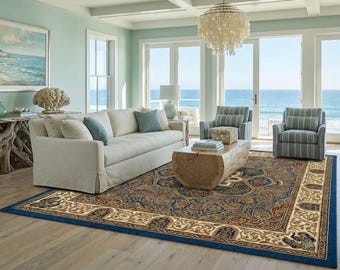 Navy Blue Persian Style Rug, 8x10 Traditional Floral Medallion Area Rug, Oriental Living Room Carpet