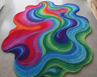 Hand Tufted Wool Rainbow Wavy Rug 8x10 Colorful Abstract Organic Shape Area Rug Modern Statement Living Room