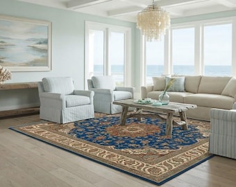 Blue Persian Style Rug, 8x10 Floral Medallion Area Rug, Traditional Oriental Living Room Carpet