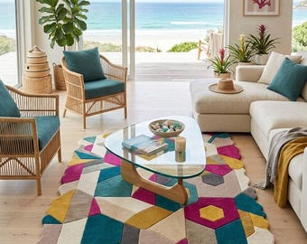 Colorful Abstract Rug, Scalloped Geometric Area Rug, Multicolor Modern Living Room Carpet