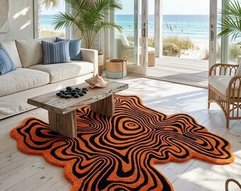 Orange Black Abstract Rug, 8x10 Wavy Organic Shape Area Rug, Modern Statement Living Room Carpet