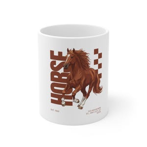 走る栗毛の馬のマグカップ｜乗馬をテーマにしたコーヒーカップ、レーシンググラフィック