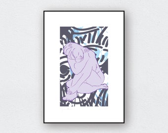 Contemporary colorful cut-out style Art Print, Nude, Framed Small Giclee Print, Free shipping