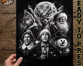 Transfert DTF avec personnages de Noël classiques, demi-teintes festives prêtes à l'emploi, presse à chaud pour t-shirt rétro Père Noël, bonhomme de neige et rennes
