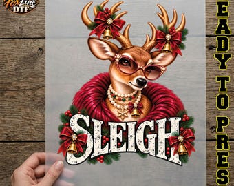Sleigh Christmas DTF Transfer, Sassy Reindeer with Sunglasses Ready to Press, Glam Christmas Deer Iron On, Coquette Holiday Bow DTF Print