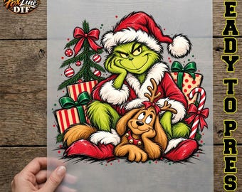Grinch Christmas DTF Transfer, Grinch and Max Dog Ready to Press, Cute Grinchmas Santa Outfit Iron On, Christmas Gifts Holiday DTF Print