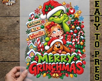Transfert DTF avec personnage de Noël vert, dessin animé de Noël amusant prêt à l'emploi, transfert à repasser pour les fêtes avec une adorable fillette et son chien, impression DTF de Noël