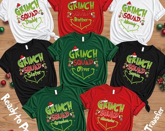 Transfert DTF personnalisé Grinch Squad, Noël en famille prêt à imprimer, impression personnalisée pour t-shirt Grinch Squad, impression directe sur film pour les fêtes