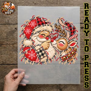 Santa Reindeer Boop DTF Transfer, Cute Christmas Ready to Press, Patchwork Santa Iron On, Buffalo Plaid Reindeer Holiday DTF Print