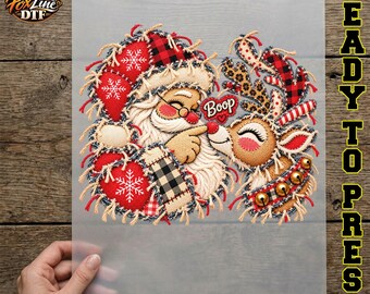 Santa Reindeer Boop DTF Transfer, Cute Christmas Ready to Press, Patchwork Santa Iron On, Buffalo Plaid Reindeer Holiday DTF Print