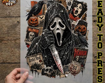 Glitter Ghost Face DTF Transfer, Hooded Scary Mask Ready to Press, Gothic Vintage Halloween Horror Iron On, Fall Shirt Heat Press
