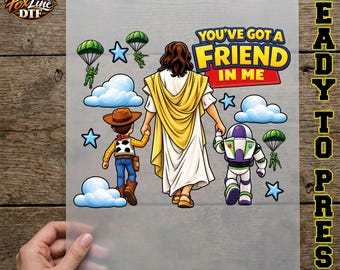 Transfert DTF « You've Got a Friend in Me », Transfert de Noël Toy Story prêt à presser, Transfert thermique Woody Buzz Holiday, Transfert de Noël Disney