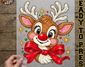 Cute Christmas Reindeer DTF Transfer, Red Nose Reindeer Ready to Press, Christmas Bow Iron On, Adorable Holiday Deer DTF Print