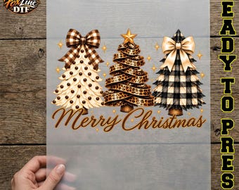 Merry Christmas DTF Transfer, Leopard Print Christmas Trees Ready to Press, Neutral Coquette Bow Holiday Iron On, Buffalo Plaid Xmas DTF
