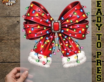 Christmas Bow DTF Transfer, Christmas Lights Coquette Ready to Press, Red Santa Bow Iron On, Festive Holiday Ribbon DTF Print