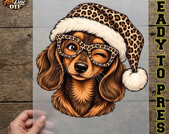 Leopard Print Christmas Dog DTF Transfer, Cute Puppy with Glasses Ready to Press, Santa Hat Dog Iron On, Preppy Dog Mom Holiday DTF Print