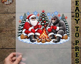 Santa and Bigfoot Christmas DTF Transfer, Sasquatch Campfire Ready to Press, Merry Squatchmas Iron On, Funny Camping Xmas DTF Print
