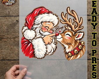 Santa and Rudolph Christmas DTF Transfer, Boop the Red Nose Reindeer Ready to Press, Cute Vintage Santa Claus Iron On, Holiday DTF Print