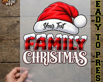 Custom Family Christmas DTF Transfer, Personalized Family Name Ready to Press, Buffalo Plaid Christmas Iron On, Santa Hat Shirt Transfer