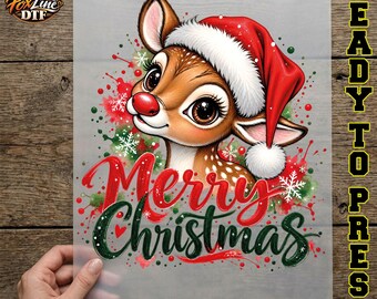 Cute Christmas Reindeer DTF Transfer, Baby Deer Ready to Press, Red Nose Reindeer Iron On, Merry Christmas Holiday DTF Print