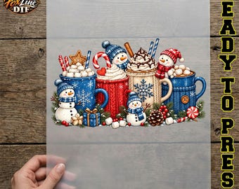 Transfert thermique Bonhomme de neige pour chocolat chaud, mug de Noël, motif festif prêt à imprimer