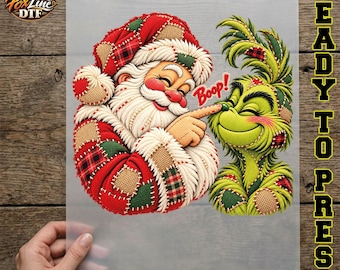 Santa Boop Grumpy Green Christmas DTF Transfer, Patchwork Santa Design, Fabric Applique Look, Funny Holiday Ready to Press, Xmas Iron On