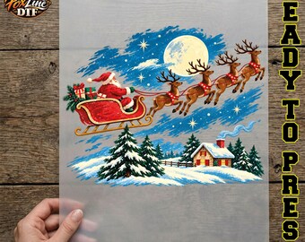 Santa Sleigh DTF Transfer, Vintage Christmas Reindeer Flying Across the Moon, Santa Claus Ready to Press, Christmas Eve Winter Wonderland