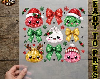 Glitter Christmas Dumpling DTF Transfer, Kawaii Holiday Dumpling Ready to Press, Preppy Bow Sparkle Iron On, Festive Heat Press
