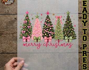 Coquette Christmas Tree DTF Transfer, Pink Bow Merry Christmas Design, Girly Holiday Trees, Pastel Christmas, Cute Xmas Ready to Press Iron