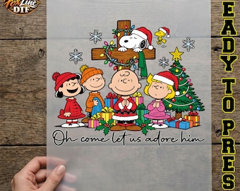 Oh Come Let Us Adore Him DTF Transfer, Christmas Cartoon Dog Ready to Press, Christian Christmas Iron On, Faith Heat Press, Holiday Dtf