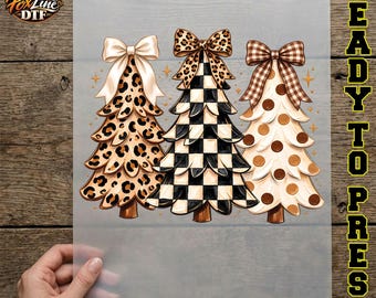 Leopard Christmas Trees DTF Transfer, Coquette Bow Christmas Ready to Press, Black Buffalo Plaid Tree Iron On, Neutral Farmhouse Holiday DTF