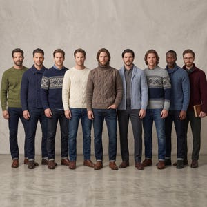 Può includere: Un gruppo di dieci persone in piedi in fila, che indossano vari stili di maglioni, cardigan e pullover in colori tra cui verde oliva, blu navy, crema, marrone, azzurro e bordeaux, abbinati a jeans in denim scuro o pantaloni.