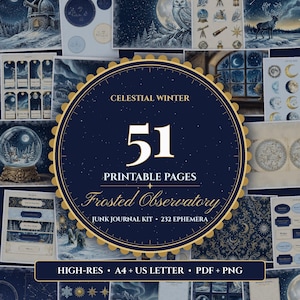 Puede incluir: Un kit de diario creativo digital titulado Celestial Winter Frosted Observatory que incluye 51 páginas imprimibles y 232 piezas de efímera. La etiqueta central circular azul oscuro muestra el texto en oro y blanco, rodeada de varias ilustraciones celestiales invernales que incluyen bolas de nieve, búhos y paisajes nocturnos estrellados.