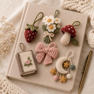 May include: A collection of six crocheted ornaments including a red strawberry, a bouquet of white daisies, a red and white mushroom, a small book with a rose, a pink bow, and a crescent moon with hanging stars and small spheres, all with loops.