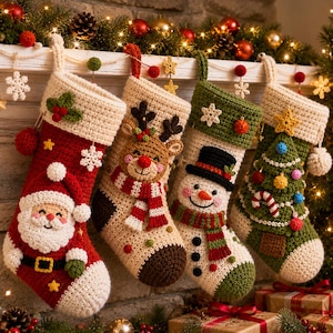 May include: Four crocheted Christmas stockings hanging in a row. The first is red with a Santa Claus face, the second is beige with a reindeer, the third is white with a snowman, and the fourth is green with a decorated Christmas tree design.
