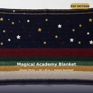 May include: A crochet blanket pattern featuring a dark blue top section with scattered white, yellow, and red stars. Below are horizontal stripes in dark red, dark green, mustard yellow, and cream. Text reads: PDF PATTERN Magical Academy Blanket Striped Throw 50 x 60 in Instant Download.