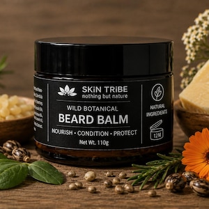 May include: A black jar of Skin Tribe Wild Botanical Beard Balm with a black lid. The label features the text "SKIN TRIBE nothing but nature", "WILD BOTANICAL BEARD BALM", "NOURISH • CONDITION • PROTECT", and "Net Wt. 110g" with a 12M symbol.