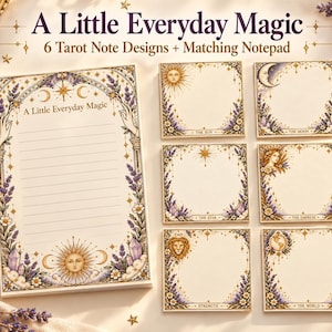 May include: A stationery set featuring a lined notepad and six square note cards with tarot-themed illustrations. The designs include celestial motifs like suns, moons, and stars, accented with purple lavender sprigs and crystals, labelled with text including A Little Everyday Magic, The Sun, The Moon, The Star, The Empress, Strength, and The World.