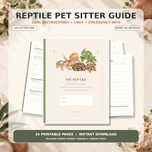 Puede incluir: Una guía para cuidadores de reptiles con una portada beige que incluye ilustraciones de un gecko leopardo, un dragón barbudo, un camaleón, una serpiente y una tortuga. El texto dice REPTILE PET SITTER GUIDE, CARE INSTRUCTIONS + LOGS + EMERGENCY INFO y THE REPTILE SITTER'S GUIDE.