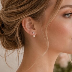 Faux Pearl Ear Jacket Earrings, Gold Crystal Ball Studs, Dainty Front Back Earrings, Bridal Gift for Her, Everyday Wedding Earrings