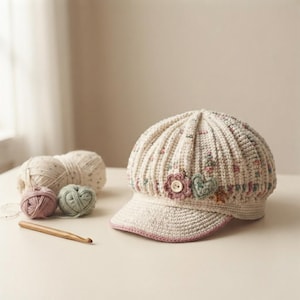 May include: A cream-colored crocheted newsboy cap featuring a ribbed texture, a small pink crocheted flower with a central button, and a sage green crocheted heart appliqué. The brim is edged with a thin pink border, and the cap is displayed alongside yarn.